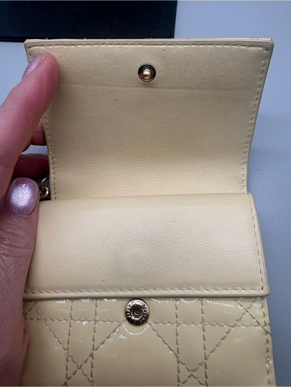 Christian Dior Lady Dior Cannage Patent Leather Compact Trifold Wallet